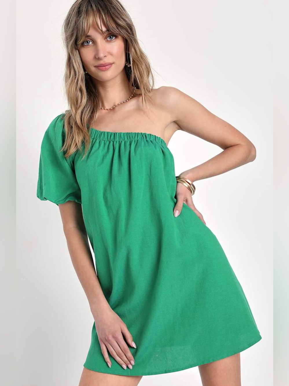 Green Linen One-Shoulder Shift Dress With Pockets